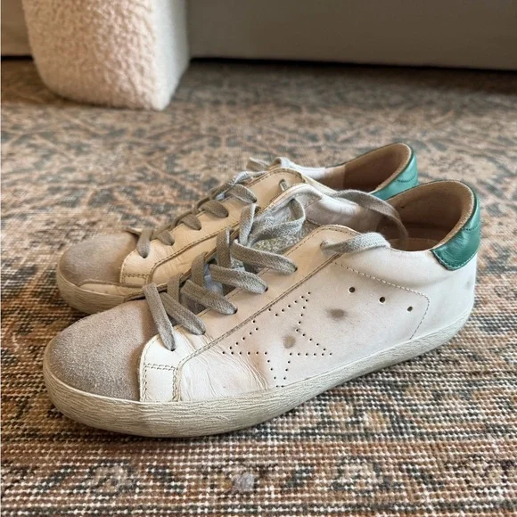Golden Goose White Sneakers with Green Heel Tab - Picture 3 of 6